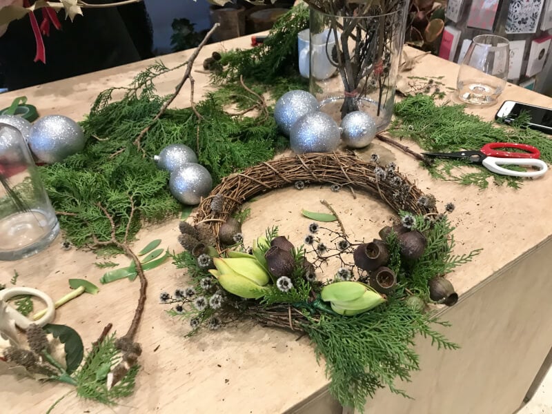 floral Christmas wreath with decorations